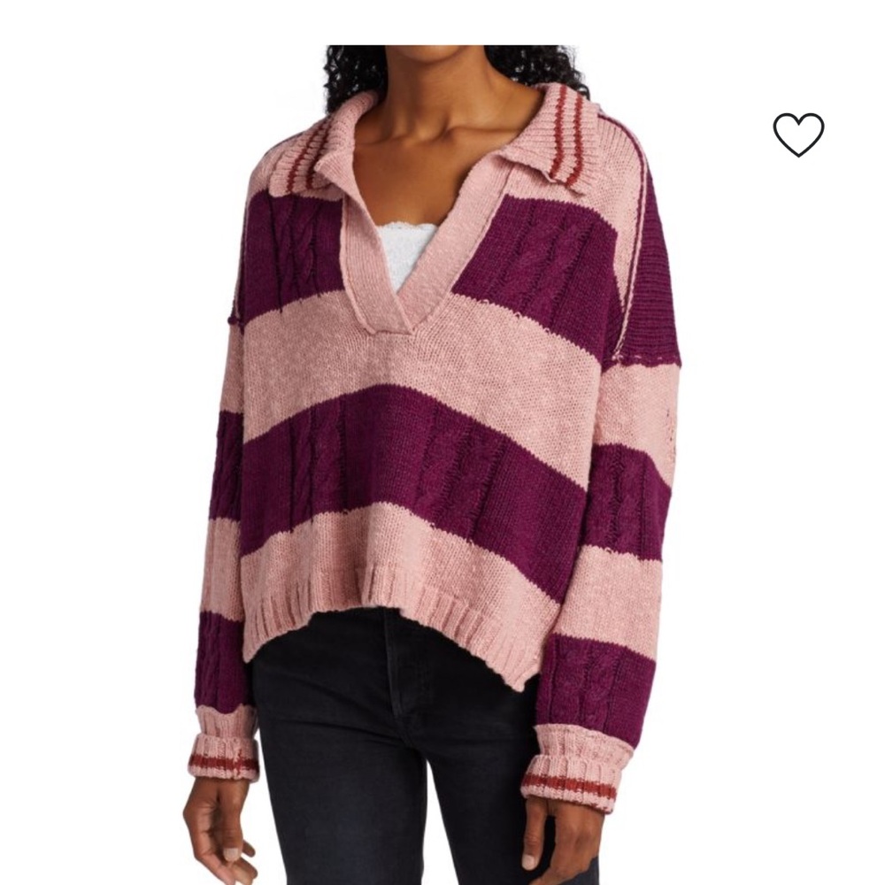 Free People Pink & Purple Cable Knit V-neck Striped Sweater